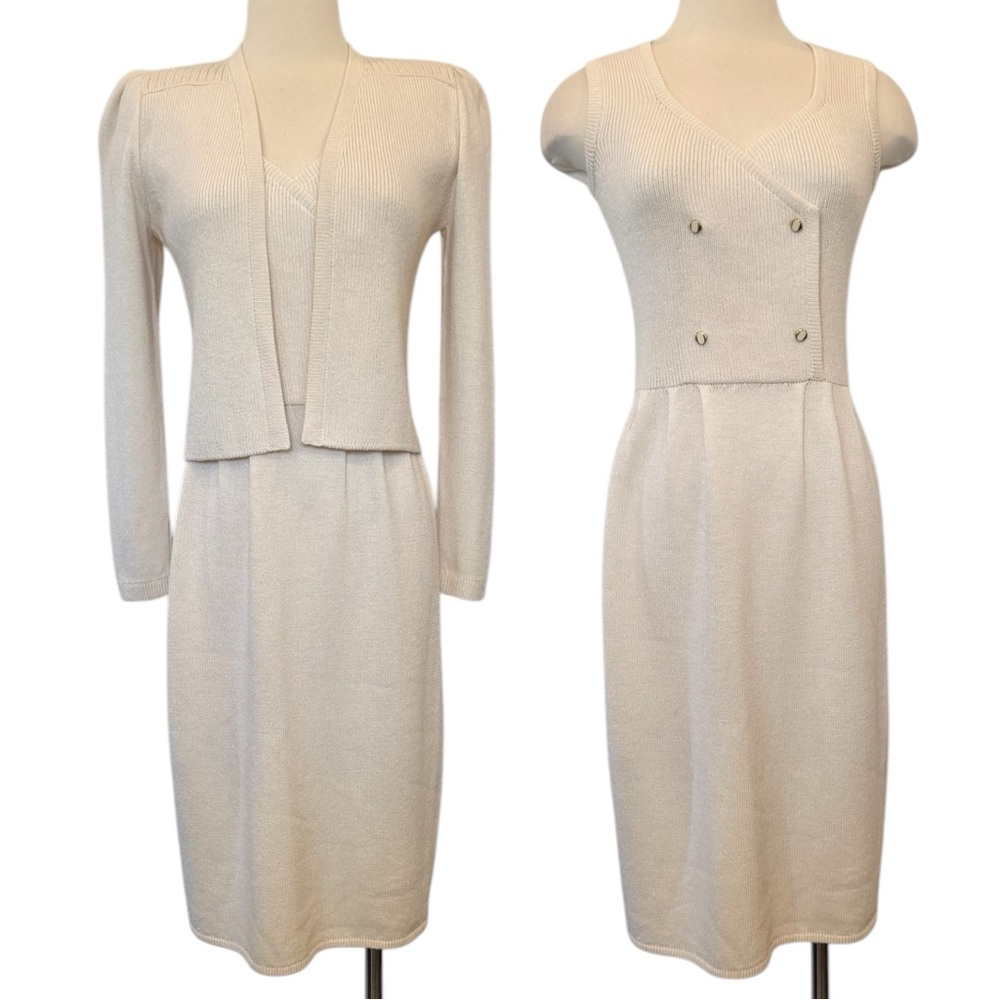 St. John Knit I.Magnin Ivory White Vintage 2PC Sweater Set Bridal Jacket Dress
